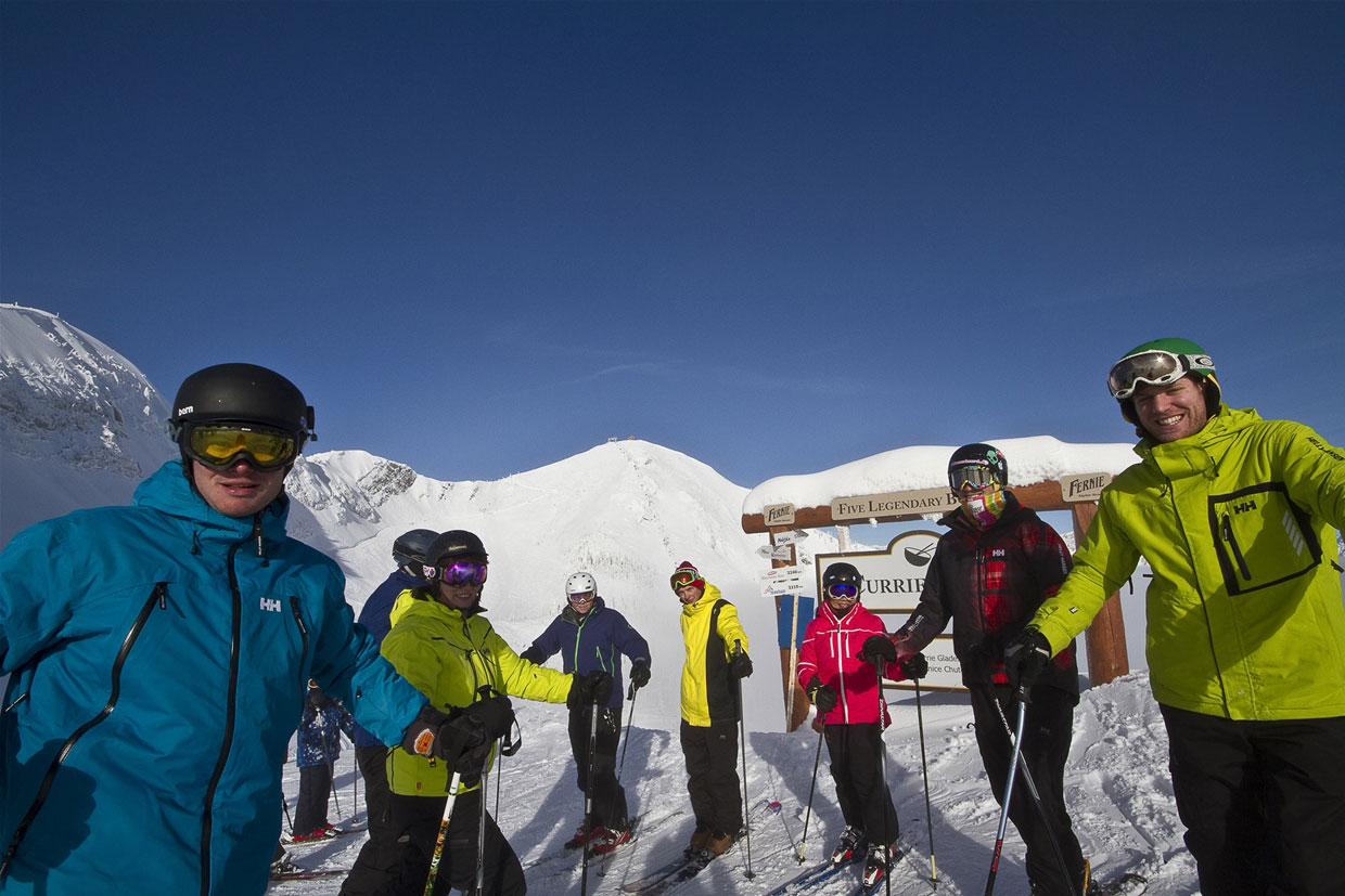 Happy skiers heading to Curry Bowl